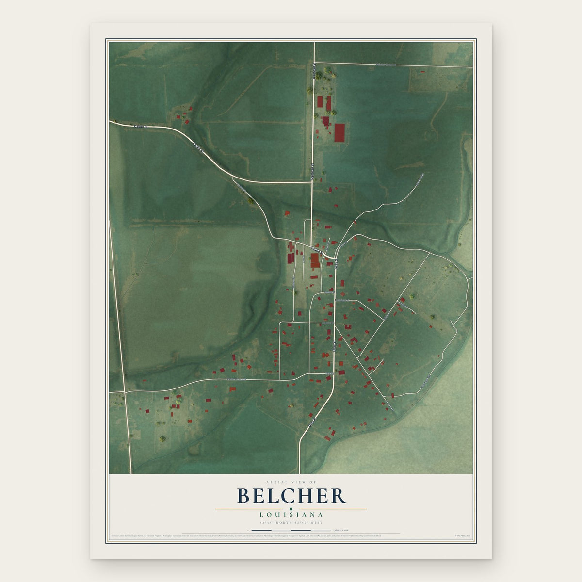 Belcher, Louisiana map print, the full design