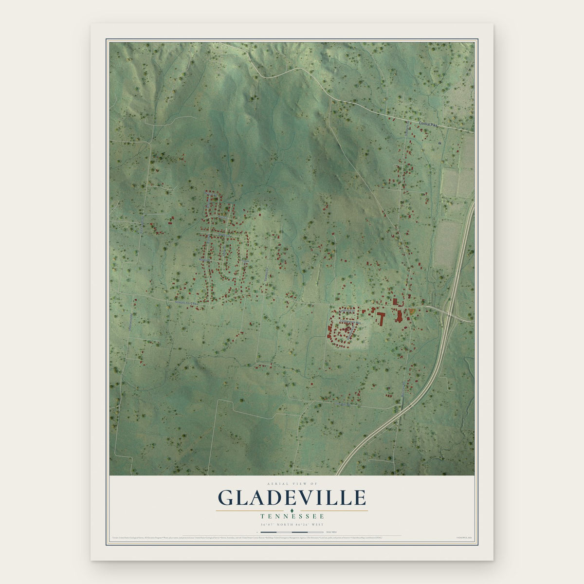 Gladeville, Tennessee map print, the full design