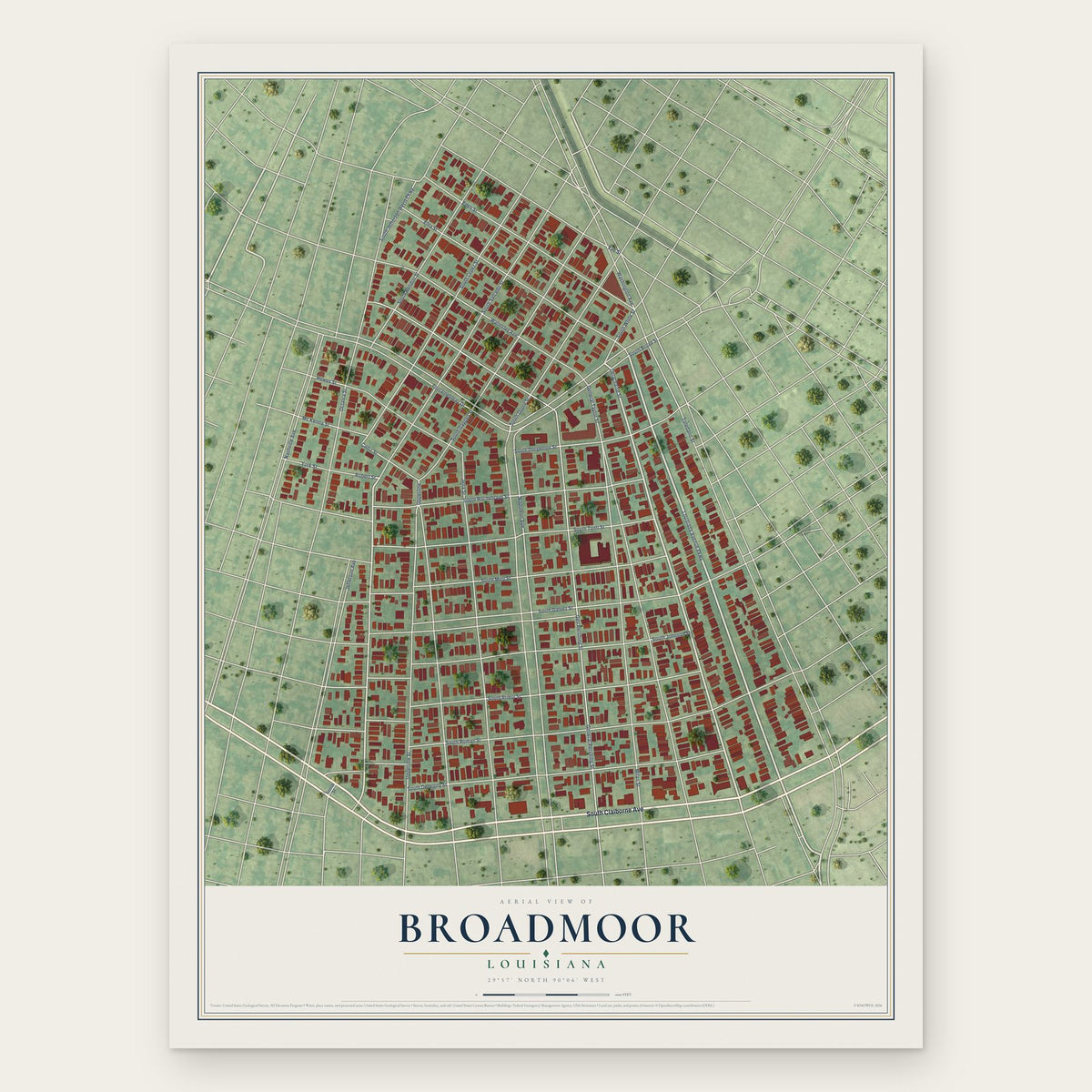 Broadmoor, Louisiana map print, the full design