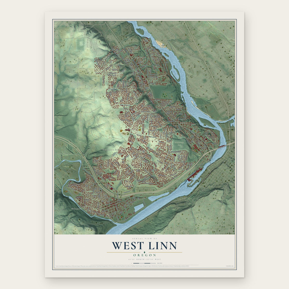 West Linn, Oregon map print, the full design