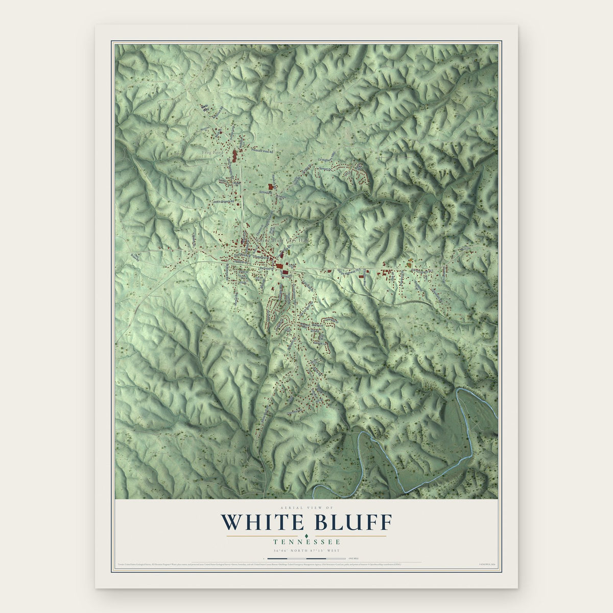 White Bluff, Tennessee map print, the full design