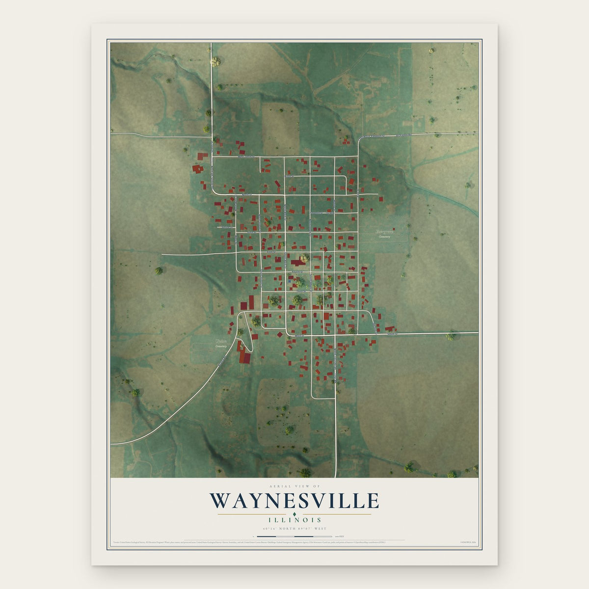 Waynesville, Illinois map print, the full design