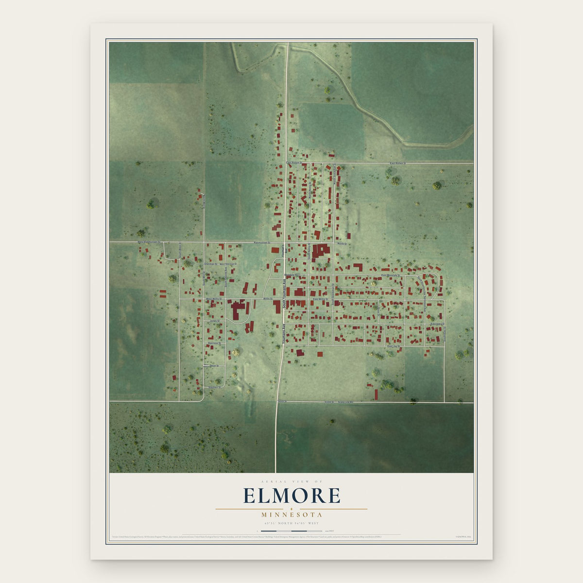 Elmore, Minnesota map print, the full design