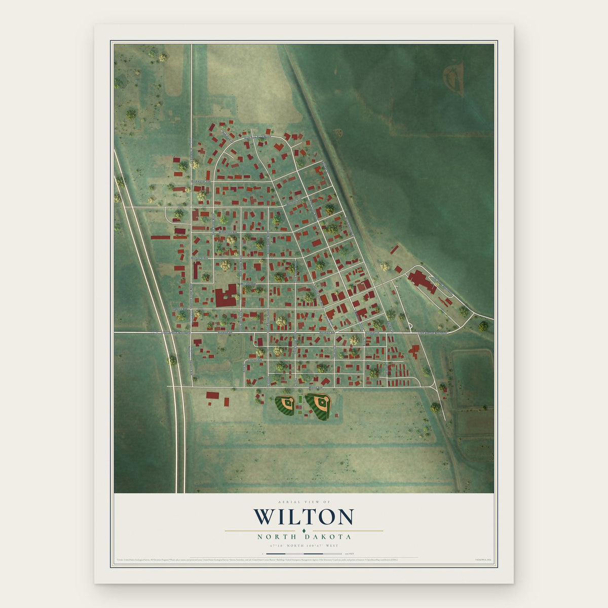 Wilton, North Dakota map print, the full design