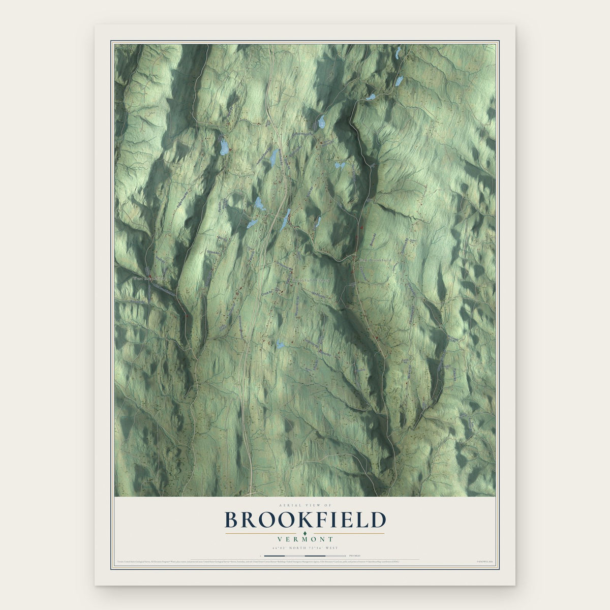 Brookfield, Vermont map print, the full design
