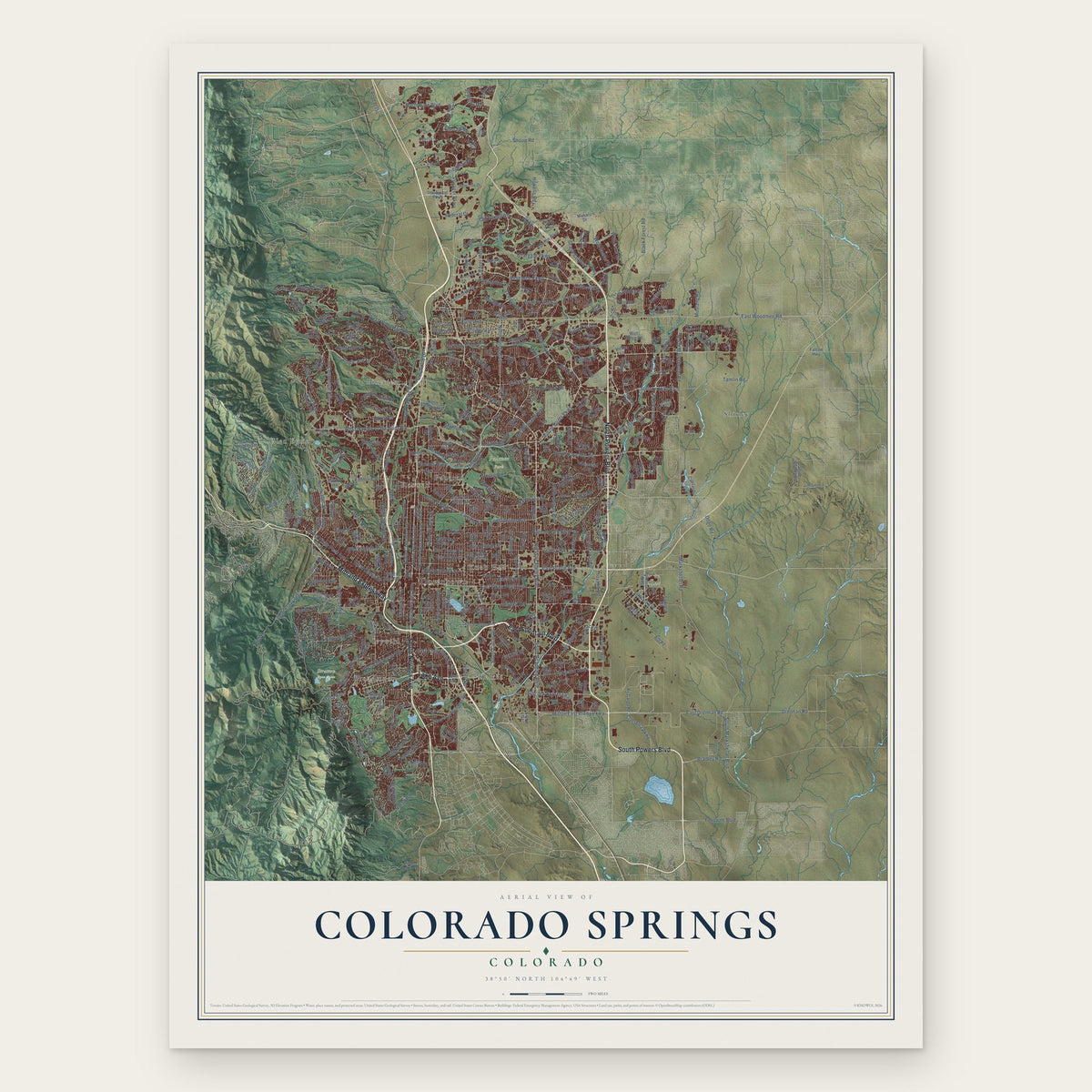 Colorado Springs, Colorado map print, the full design