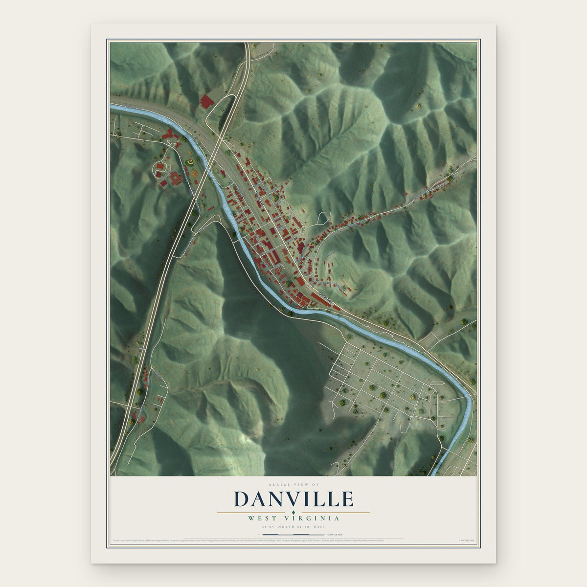 Danville, West Virginia map print, the full design