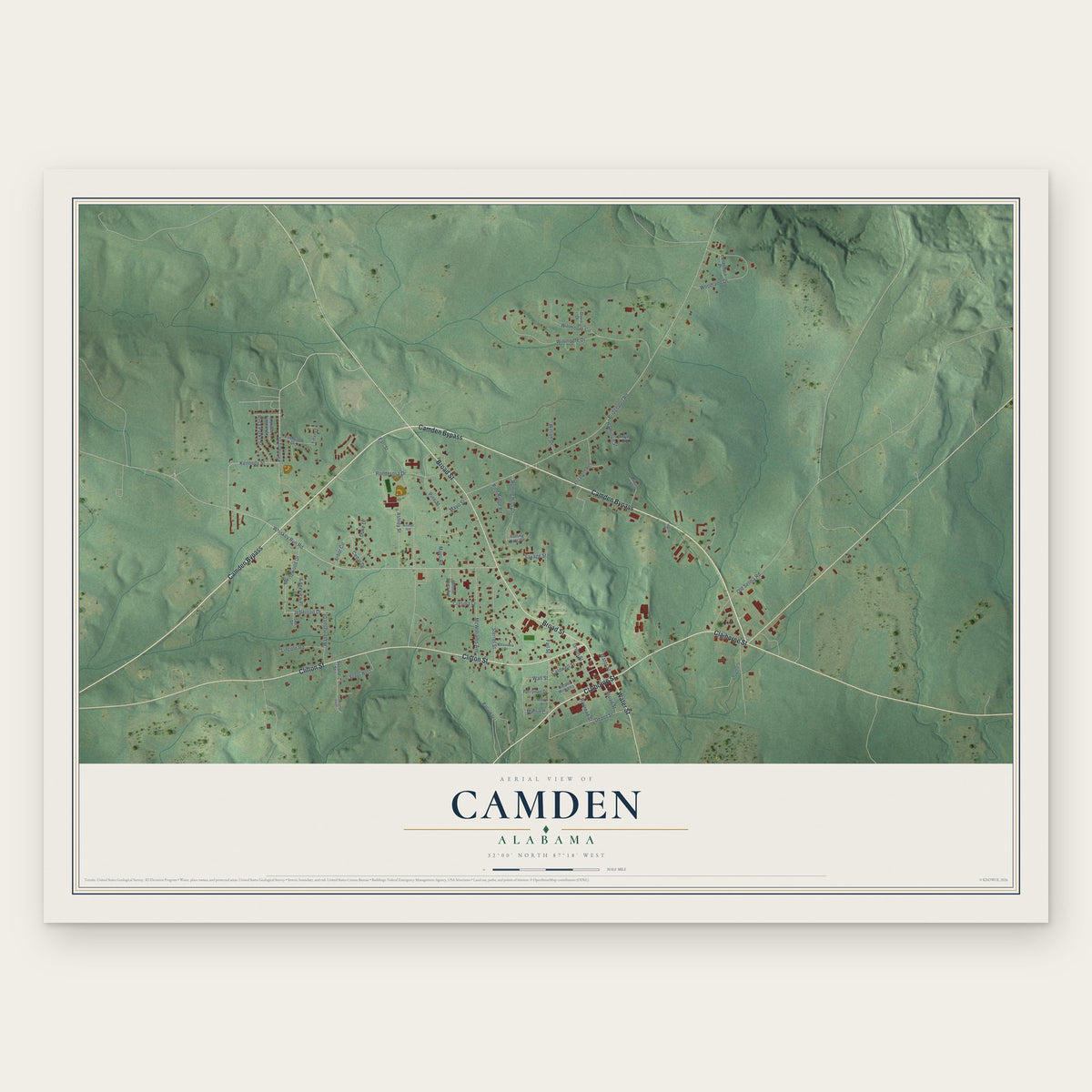 Camden, Alabama map print, the full design