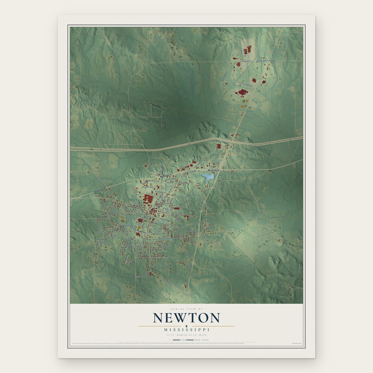 Newton, Mississippi map print, the full design