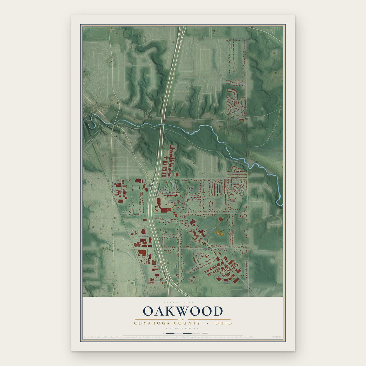 Oakwood, Cuyahoga County, Ohio map print, the full design