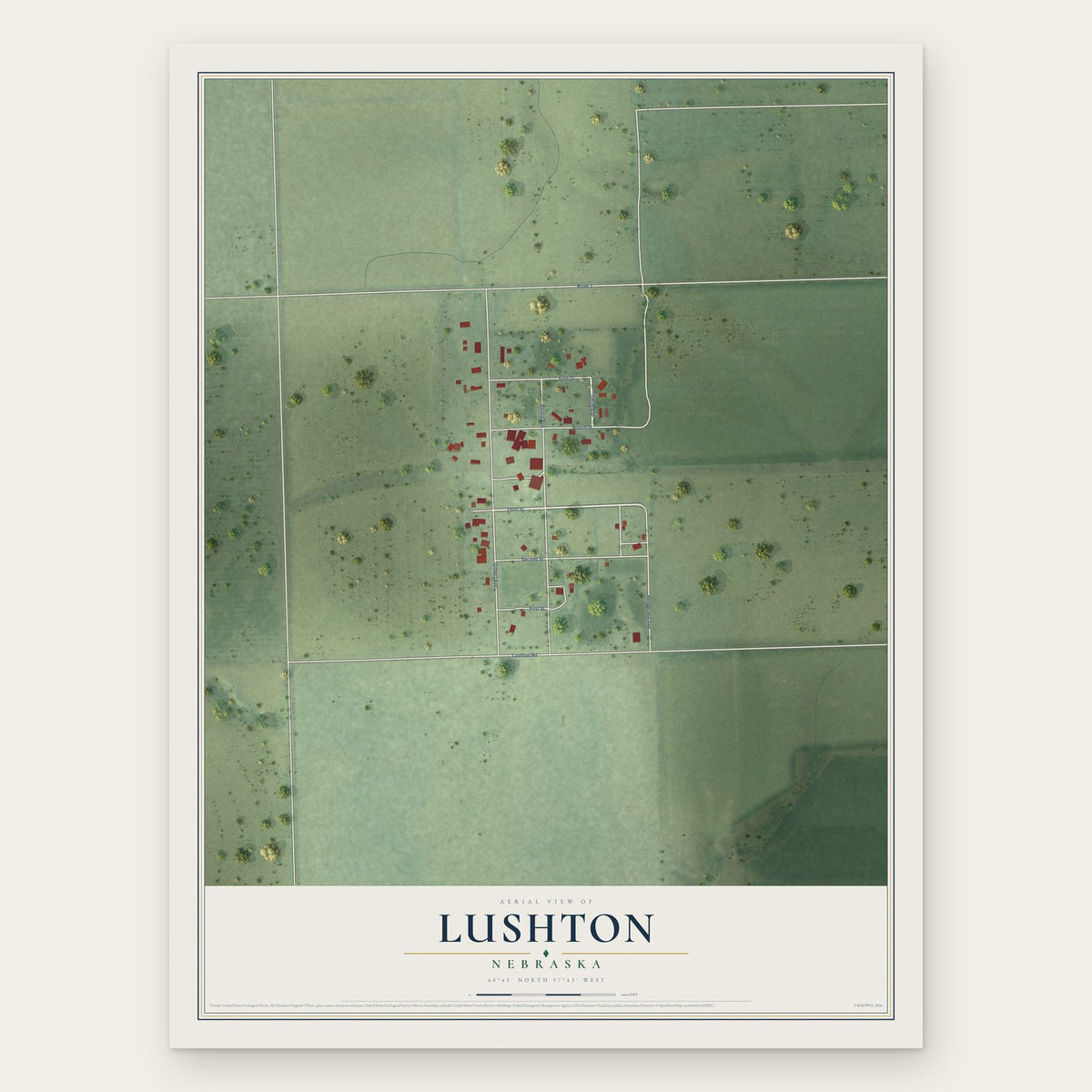 Lushton, Nebraska map print, the full design