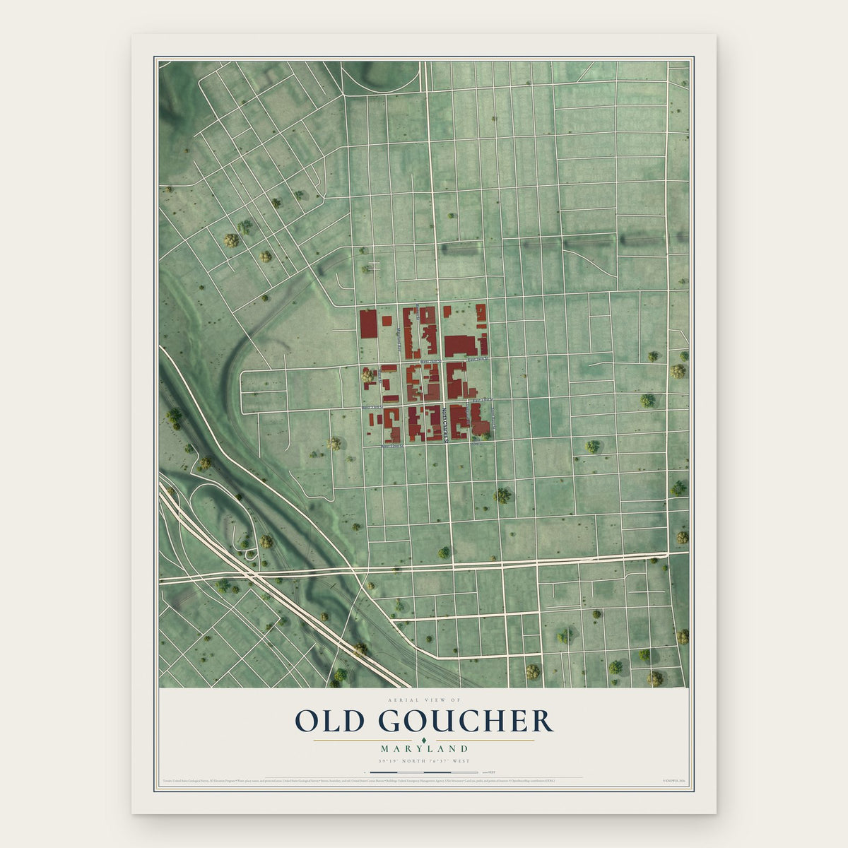 Old Goucher, Maryland map print, the full design