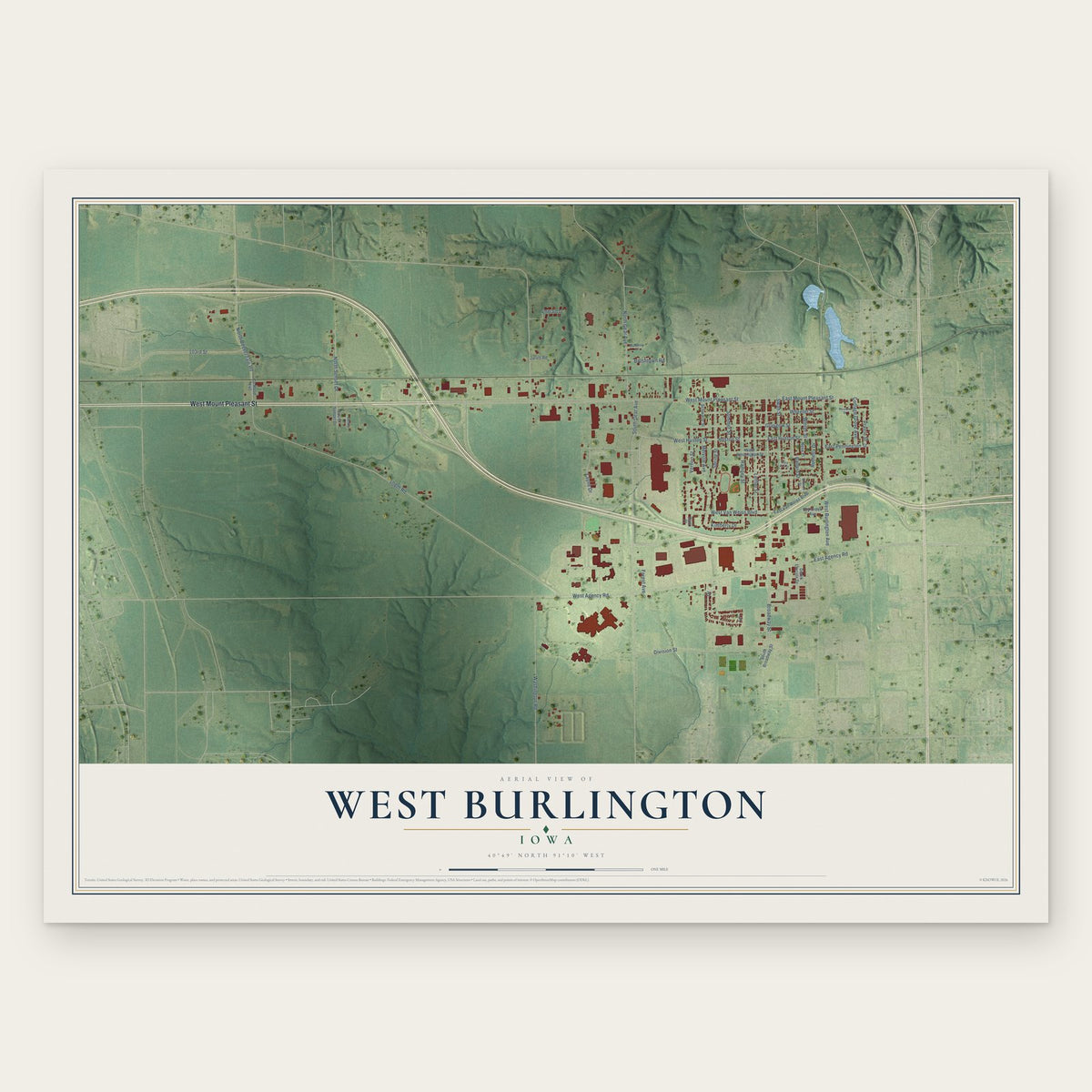 West Burlington, Iowa map print, the full design