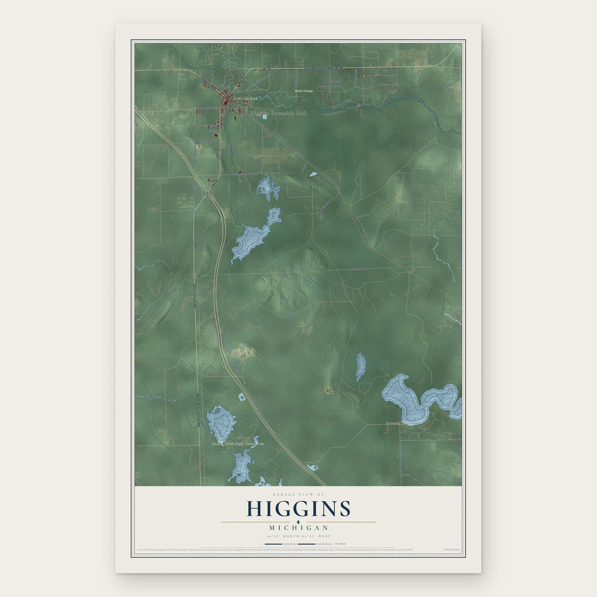 Higgins, Michigan map print, the full design