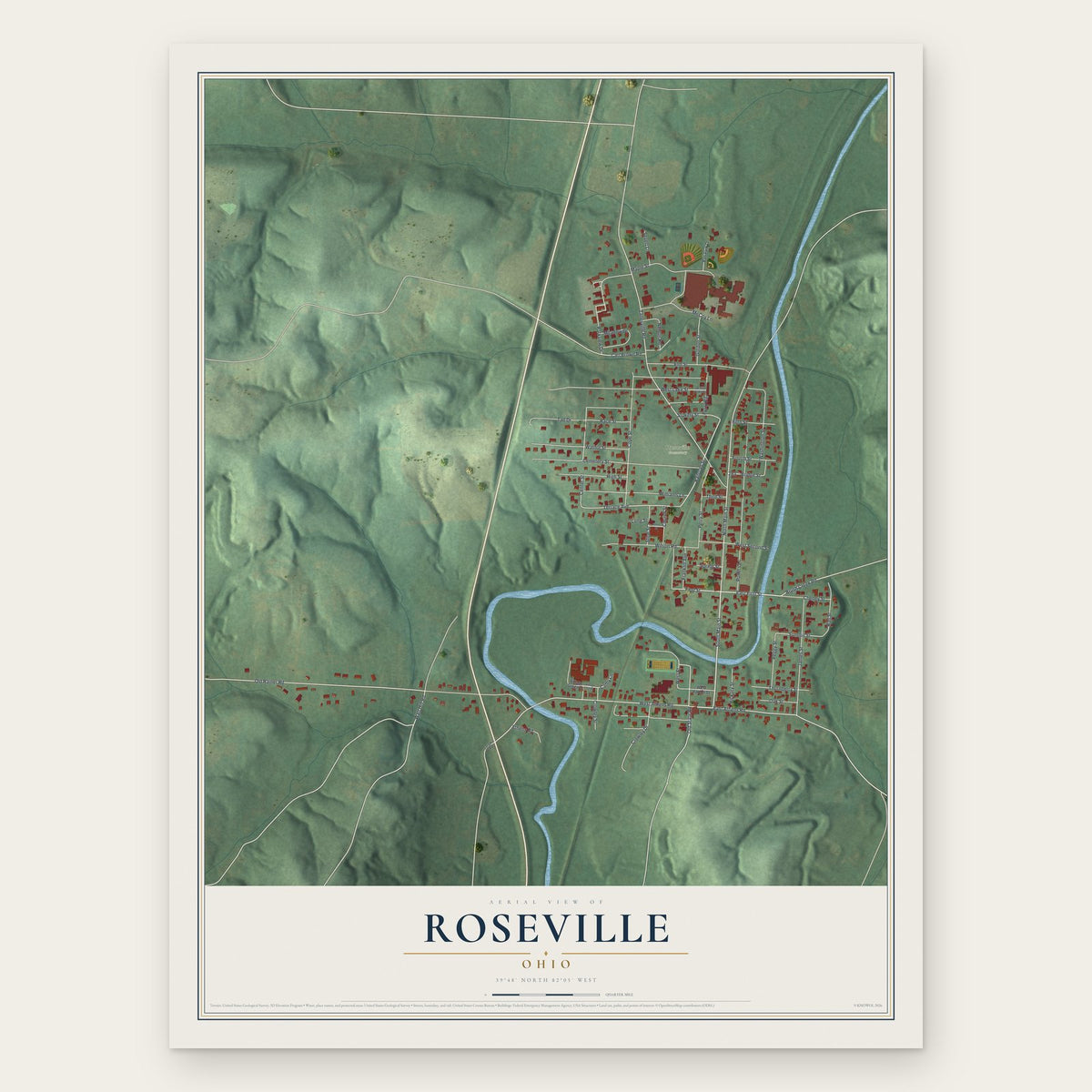 Roseville, Ohio map print, the full design