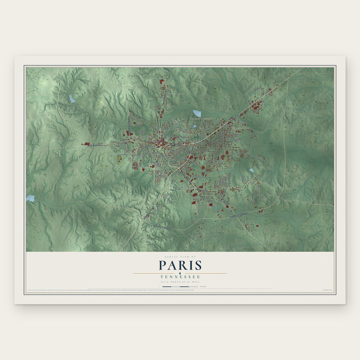 Paris, Tennessee map print, the full design