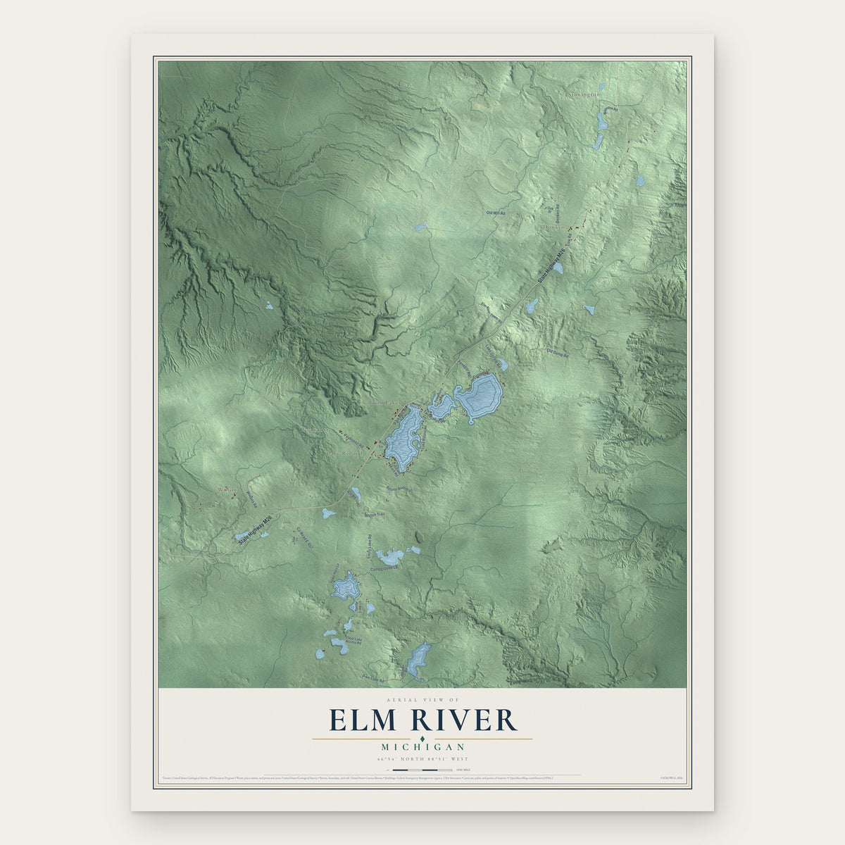 Elm River, Michigan map print, the full design