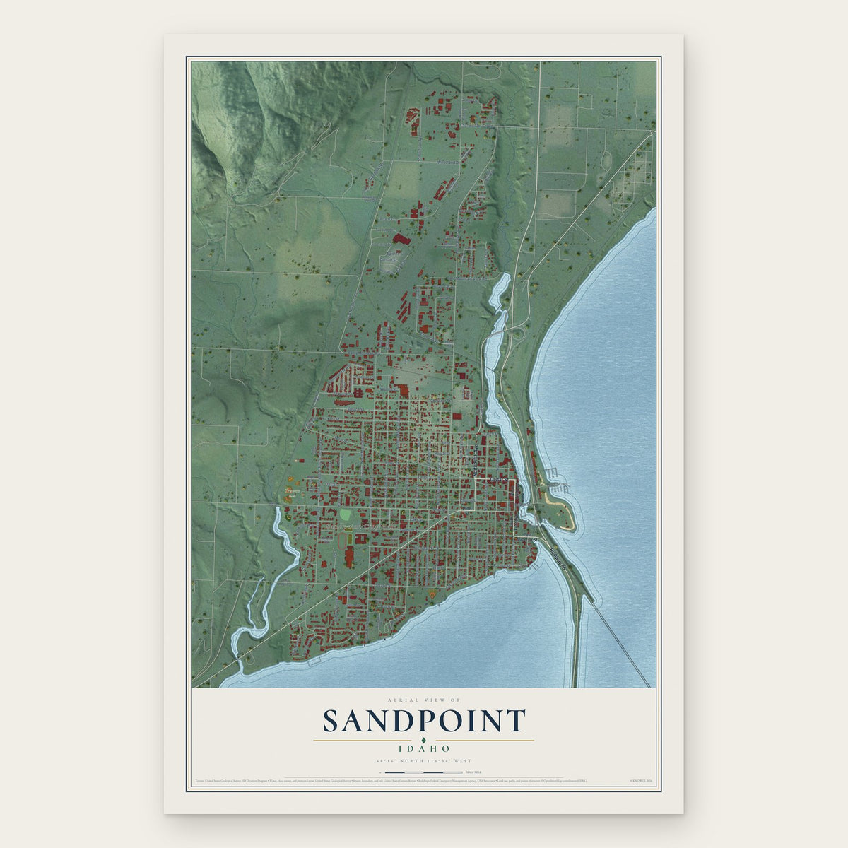 Sandpoint, Idaho map print, the full design
