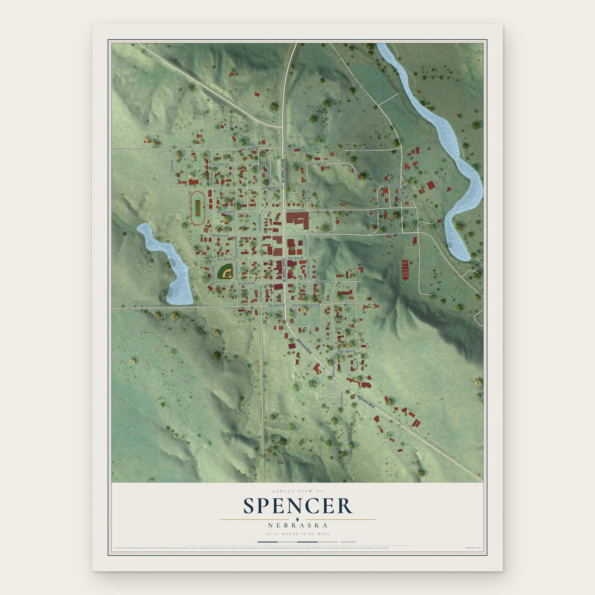 Spencer, Nebraska map print, the full design