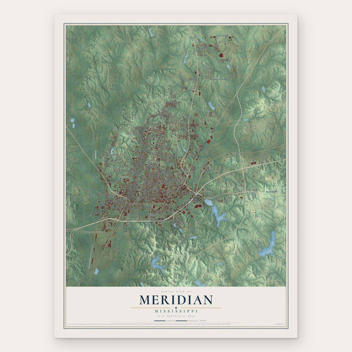 Meridian, Mississippi map print, the full design