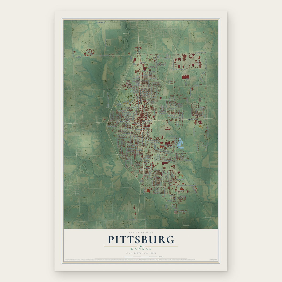 Pittsburg, Kansas map print, the full design