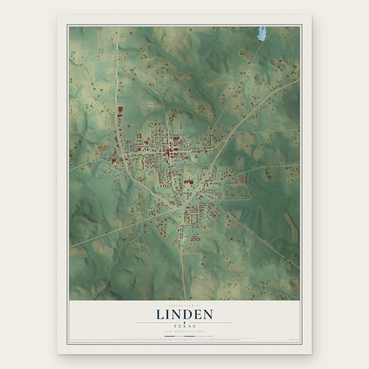 Linden, Texas map print, the full design