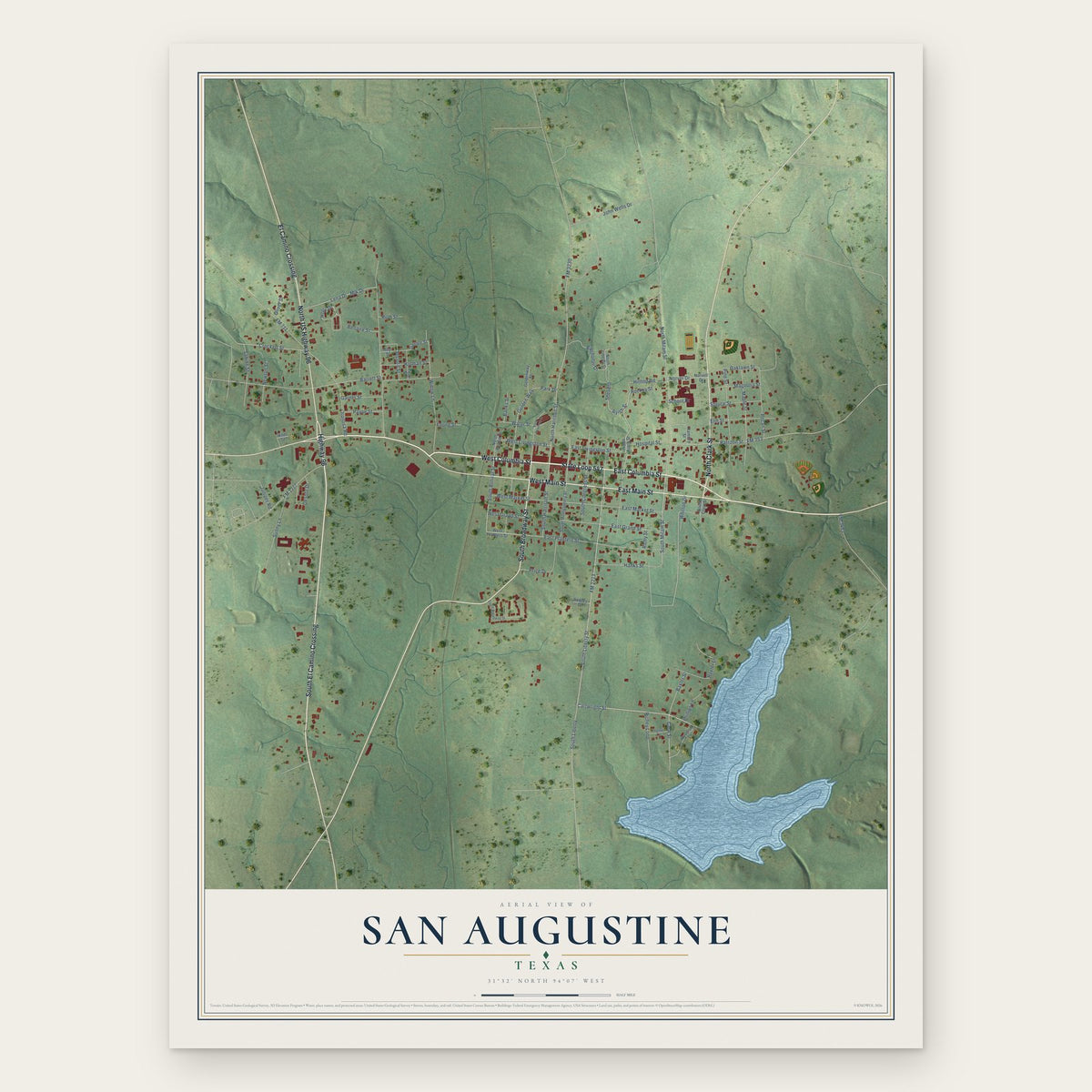 San Augustine, Texas map print, the full design