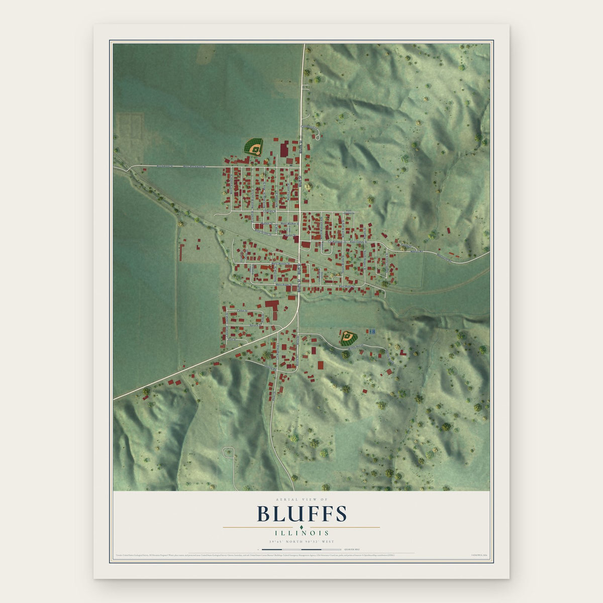 Bluffs, Illinois map print, the full design