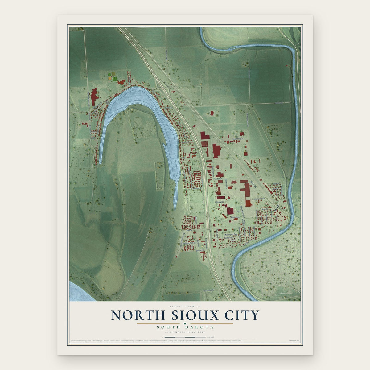 North Sioux City, South Dakota map print, the full design