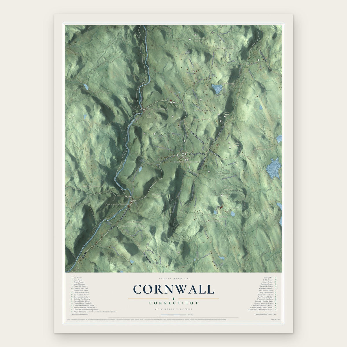 Cornwall, Connecticut map print, the full design