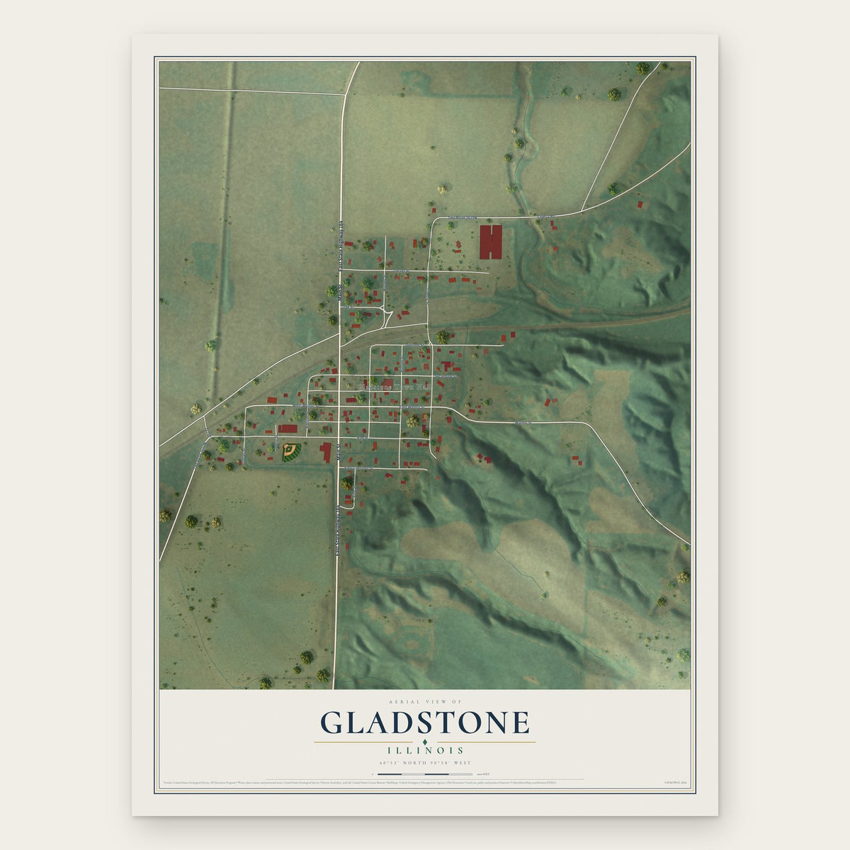 Gladstone, Illinois map print, the full design