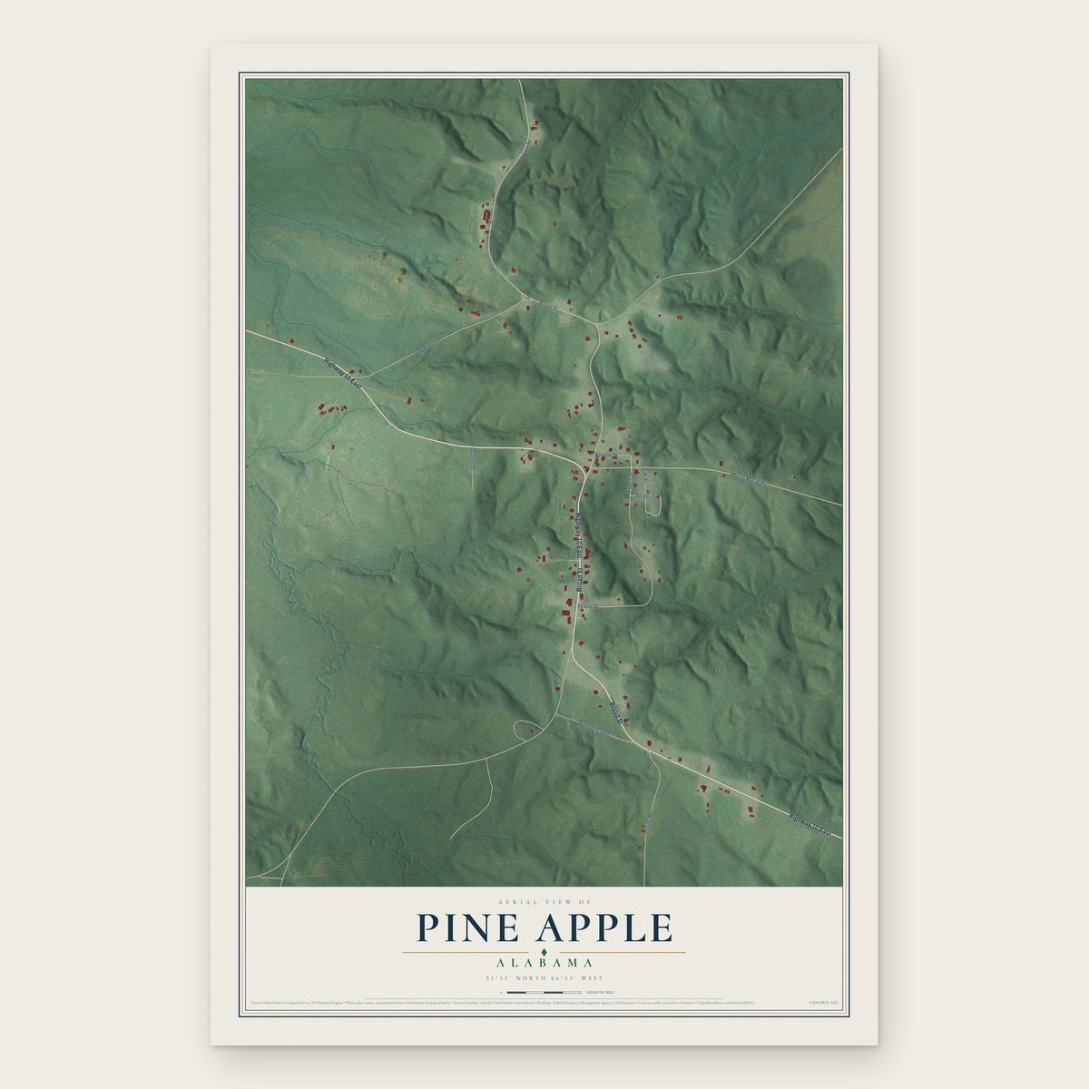 Pine Apple, Alabama map print, the full design