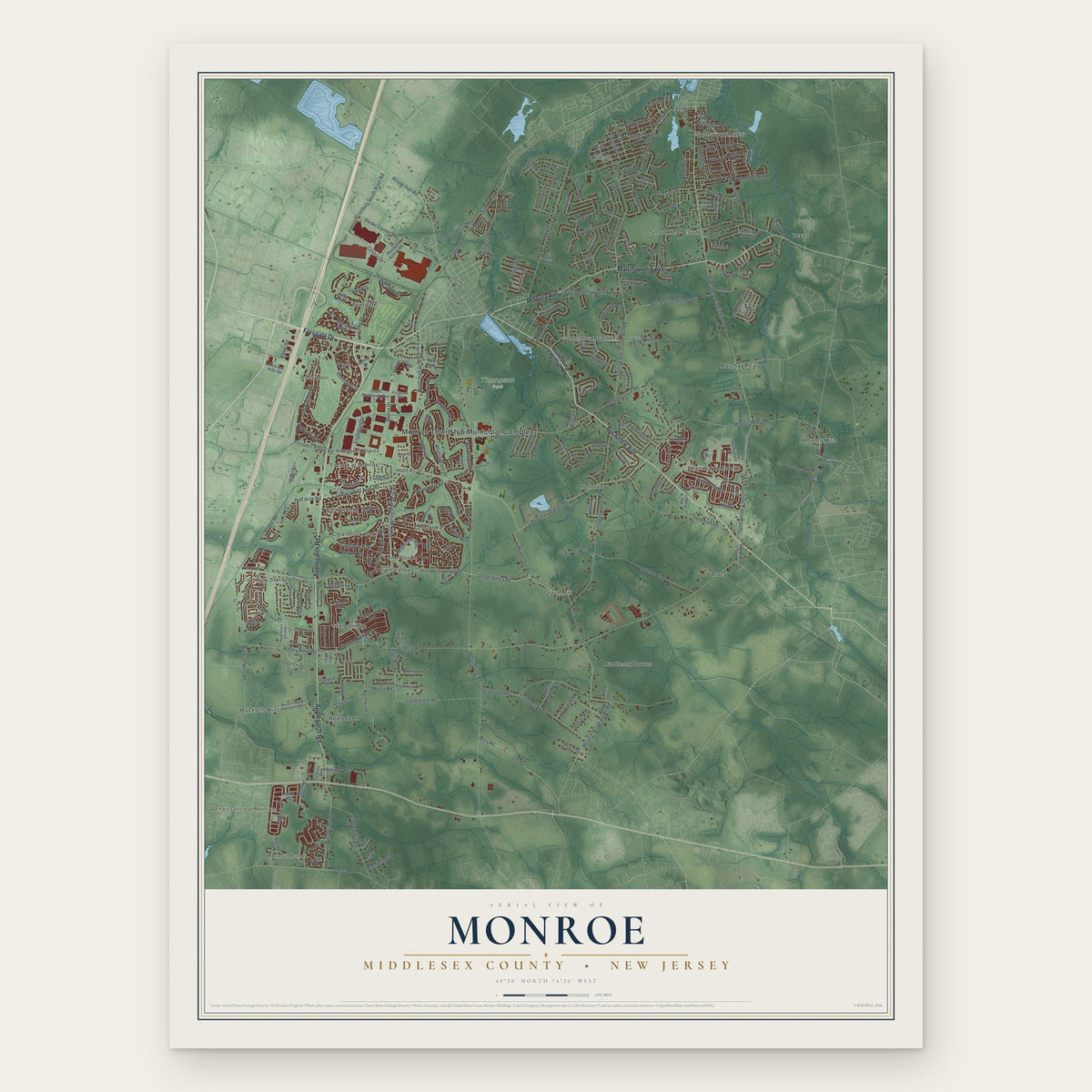 Monroe, Middlesex County, New Jersey map print, the full design