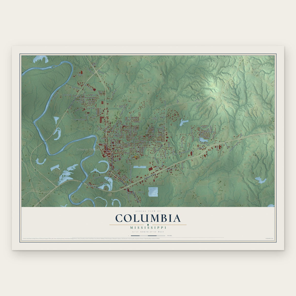 Columbia, Mississippi map print, the full design