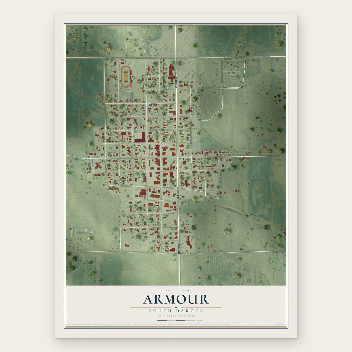 Armour, South Dakota map print, the full design