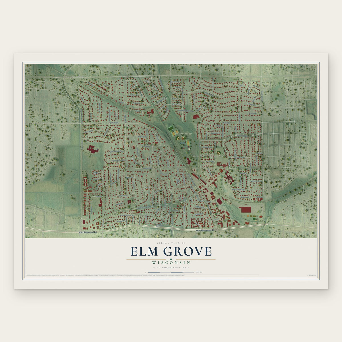 Elm Grove, Wisconsin map print, the full design