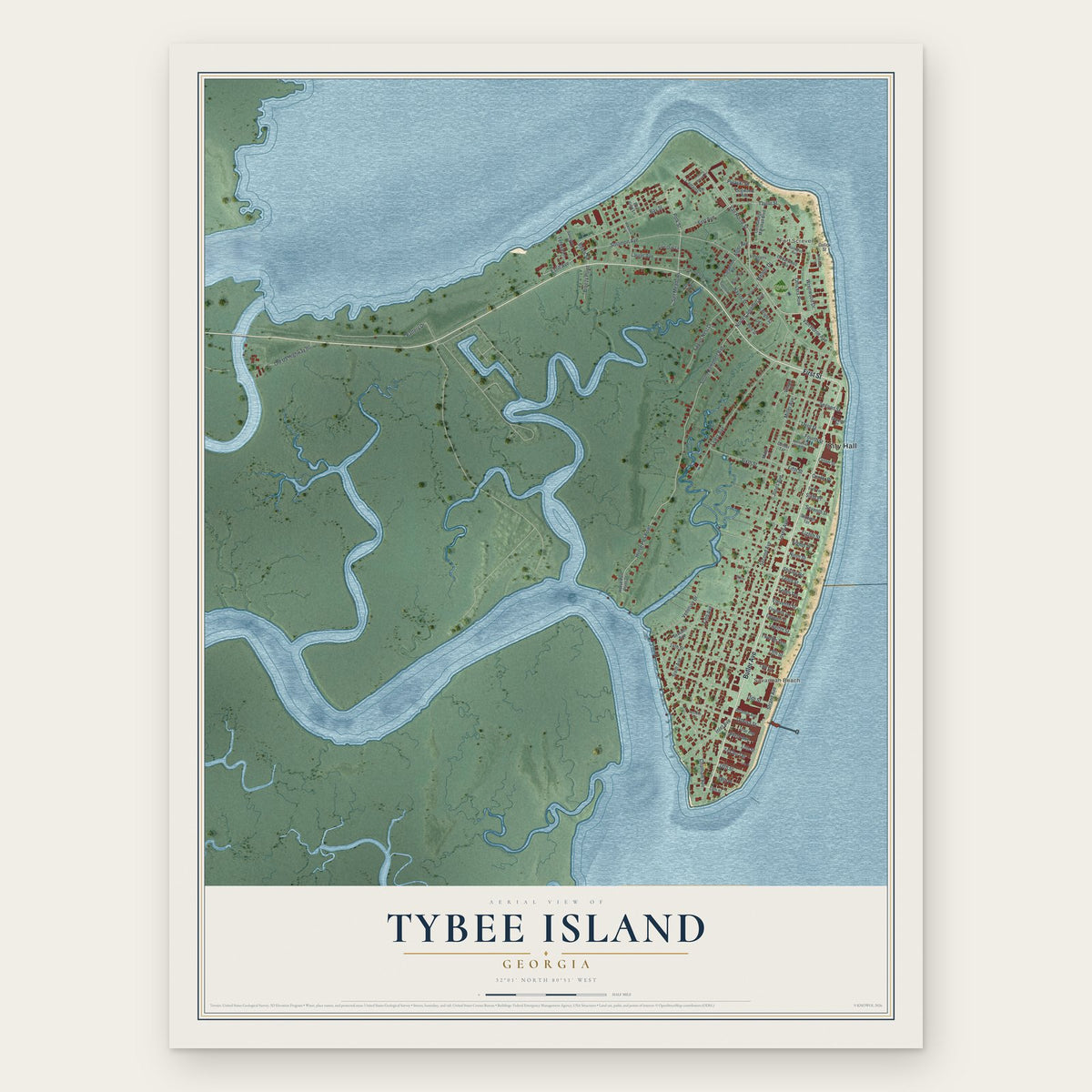 Tybee Island, Georgia map print, the full design