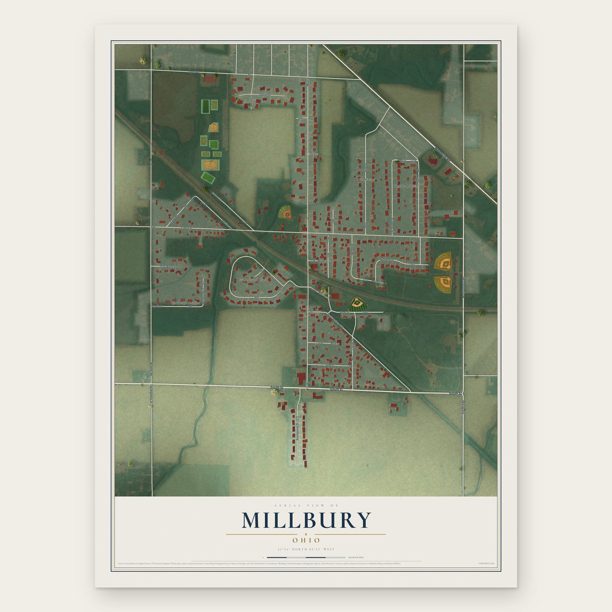 Millbury, Ohio map print, the full design