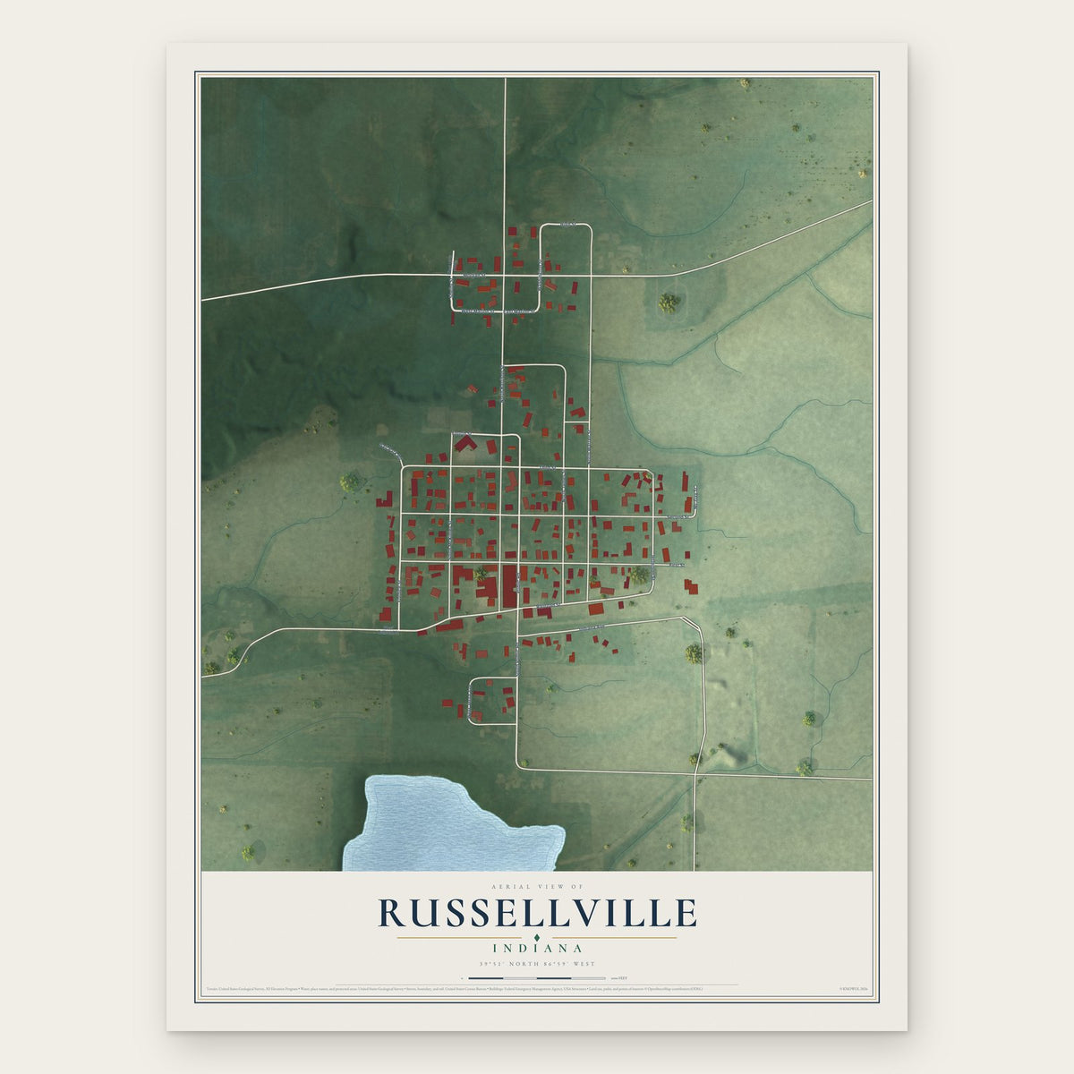 Russellville, Indiana map print, the full design