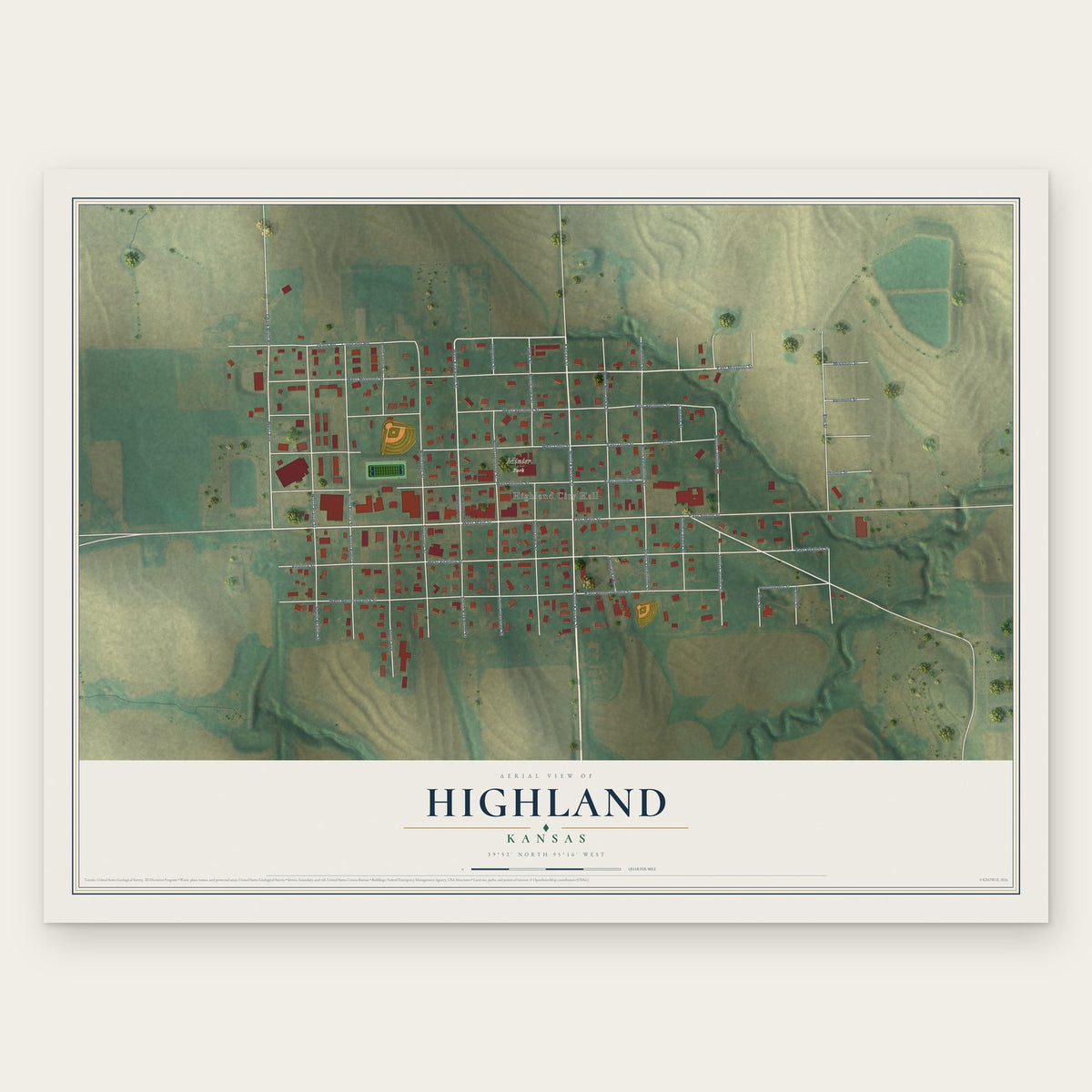 Highland, Kansas map print, the full design