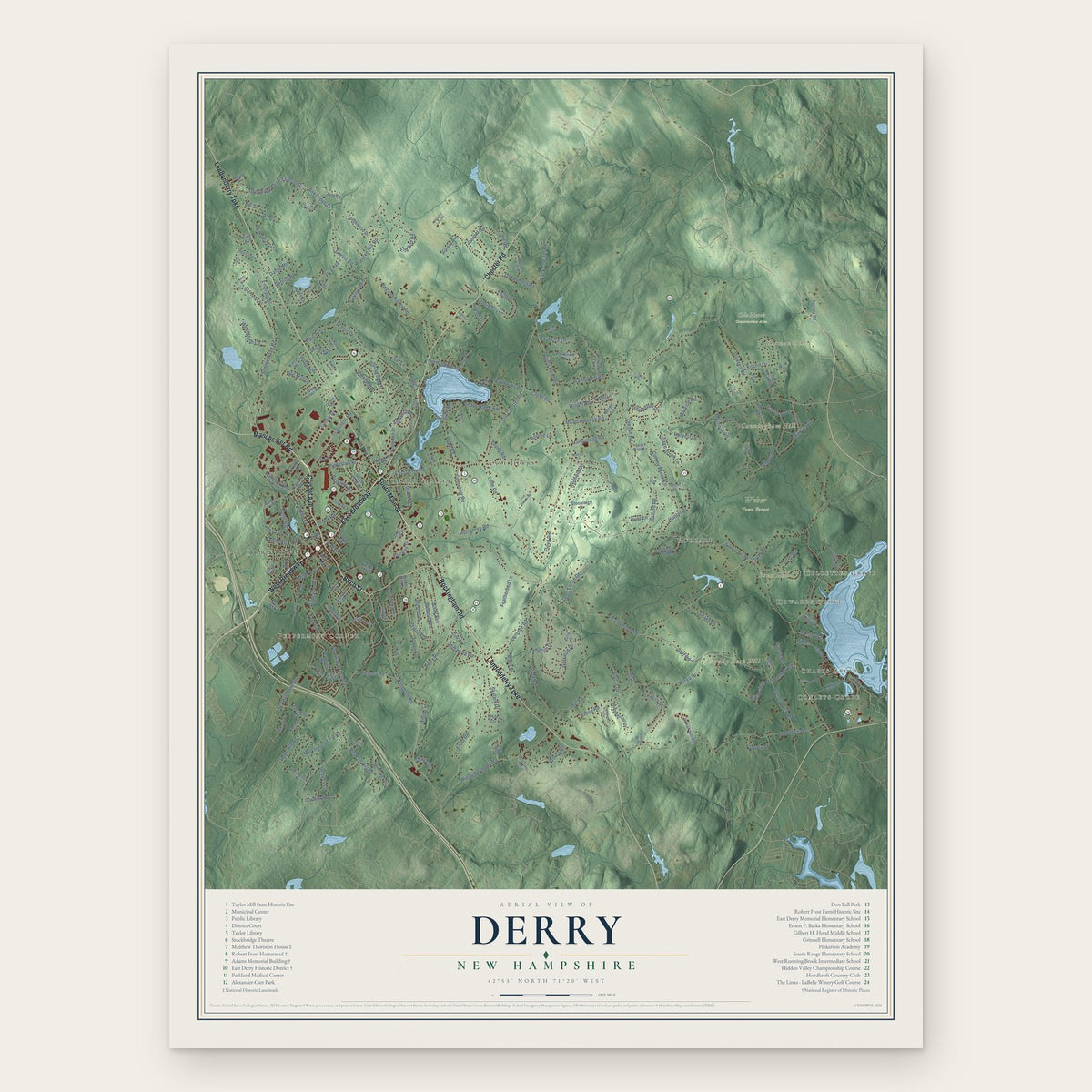 Derry, New Hampshire map print, the full design