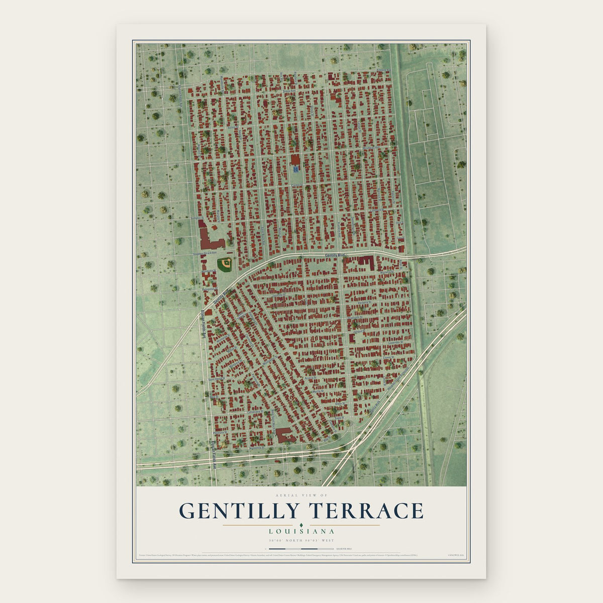 Gentilly Terrace, Louisiana map print, the full design