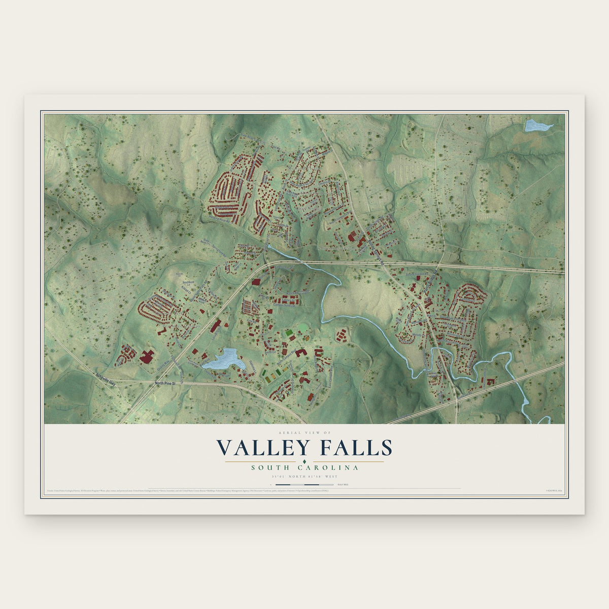 Valley Falls, South Carolina map print, the full design
