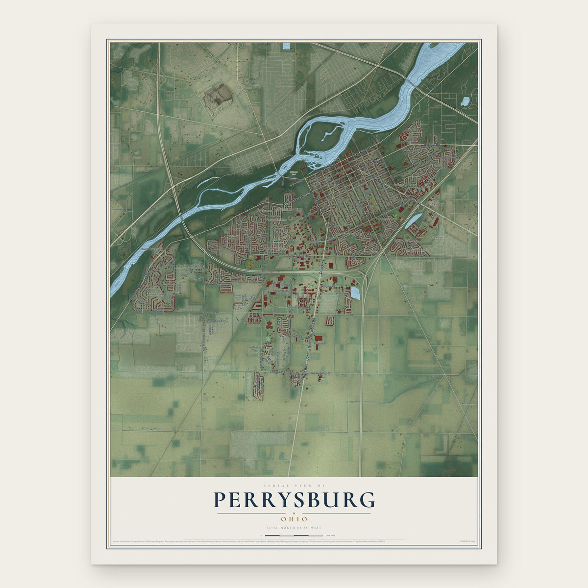 Perrysburg, Ohio map print, the full design
