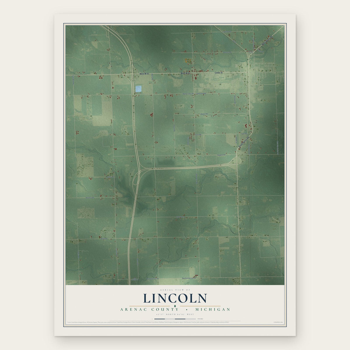 Lincoln, Arenac County, Michigan map print, the full design