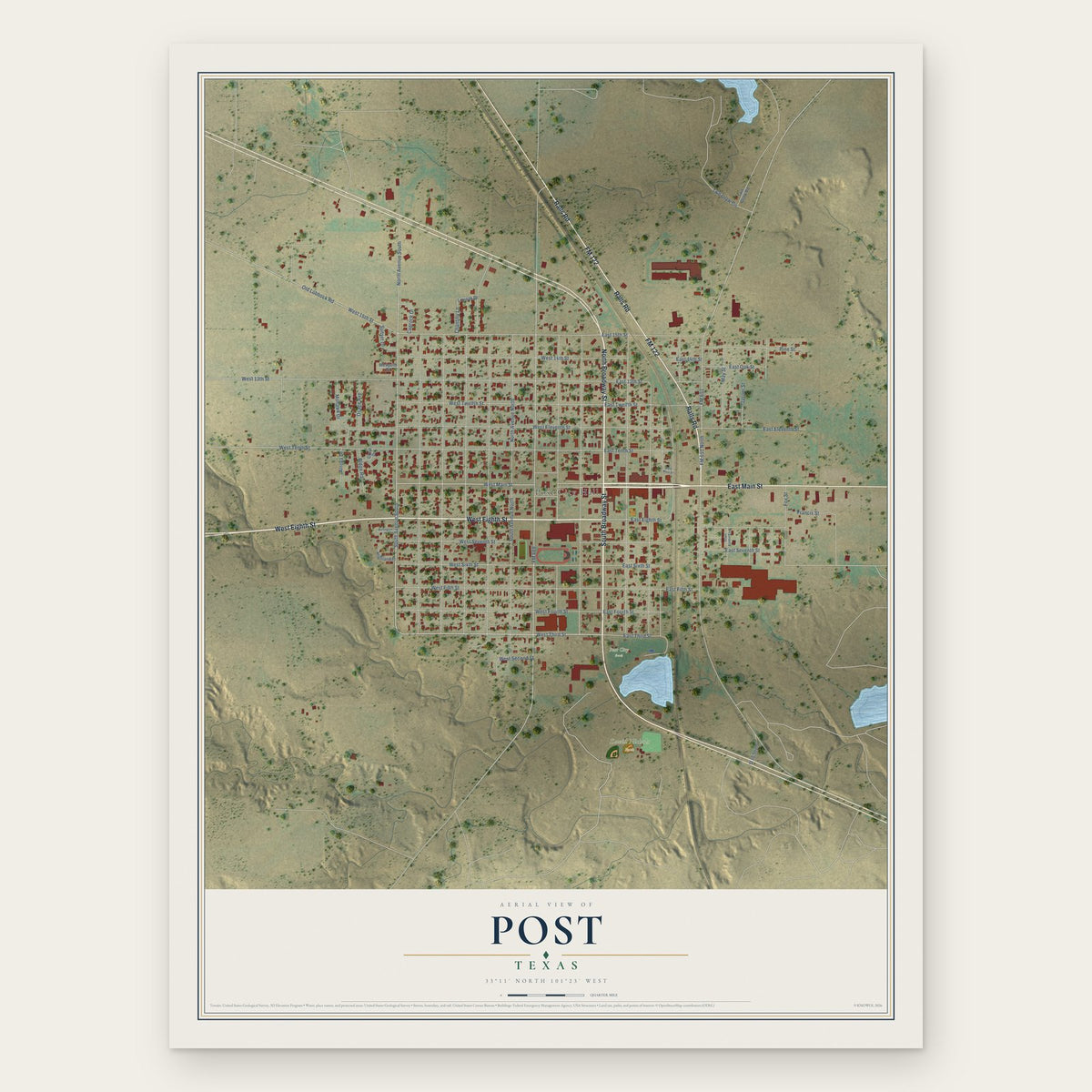 Post, Texas map print, the full design