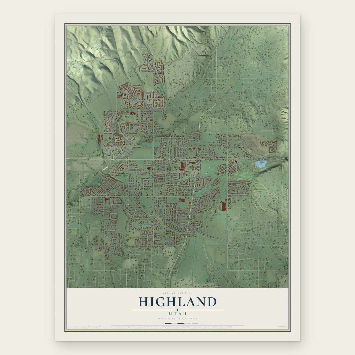 Highland, Utah map print, the full design