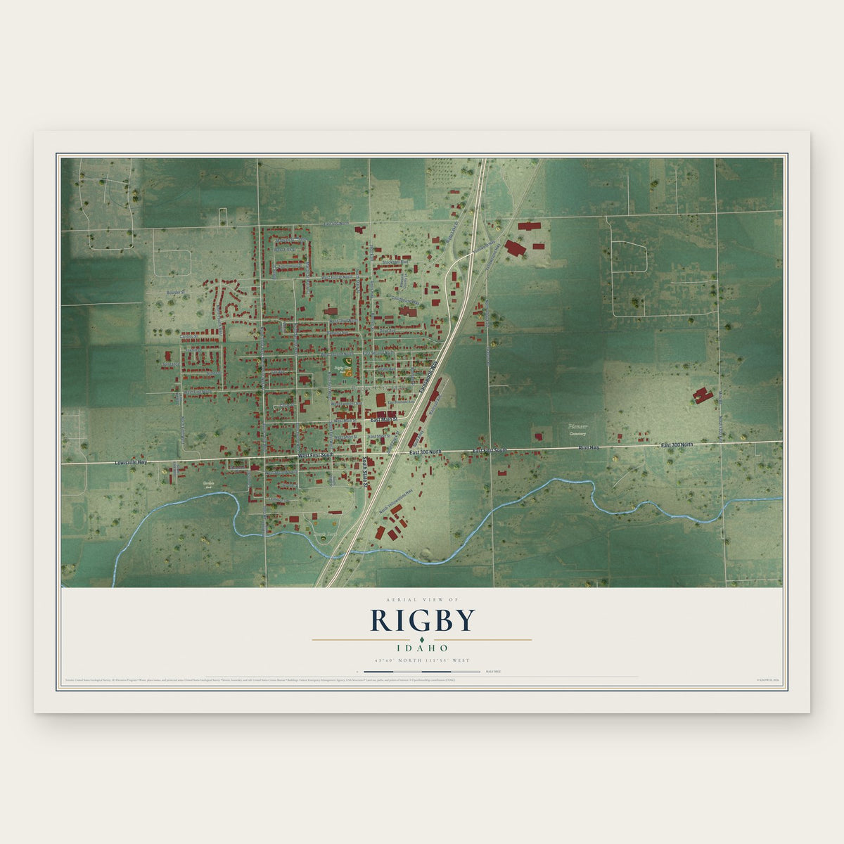 Rigby, Idaho map print, the full design