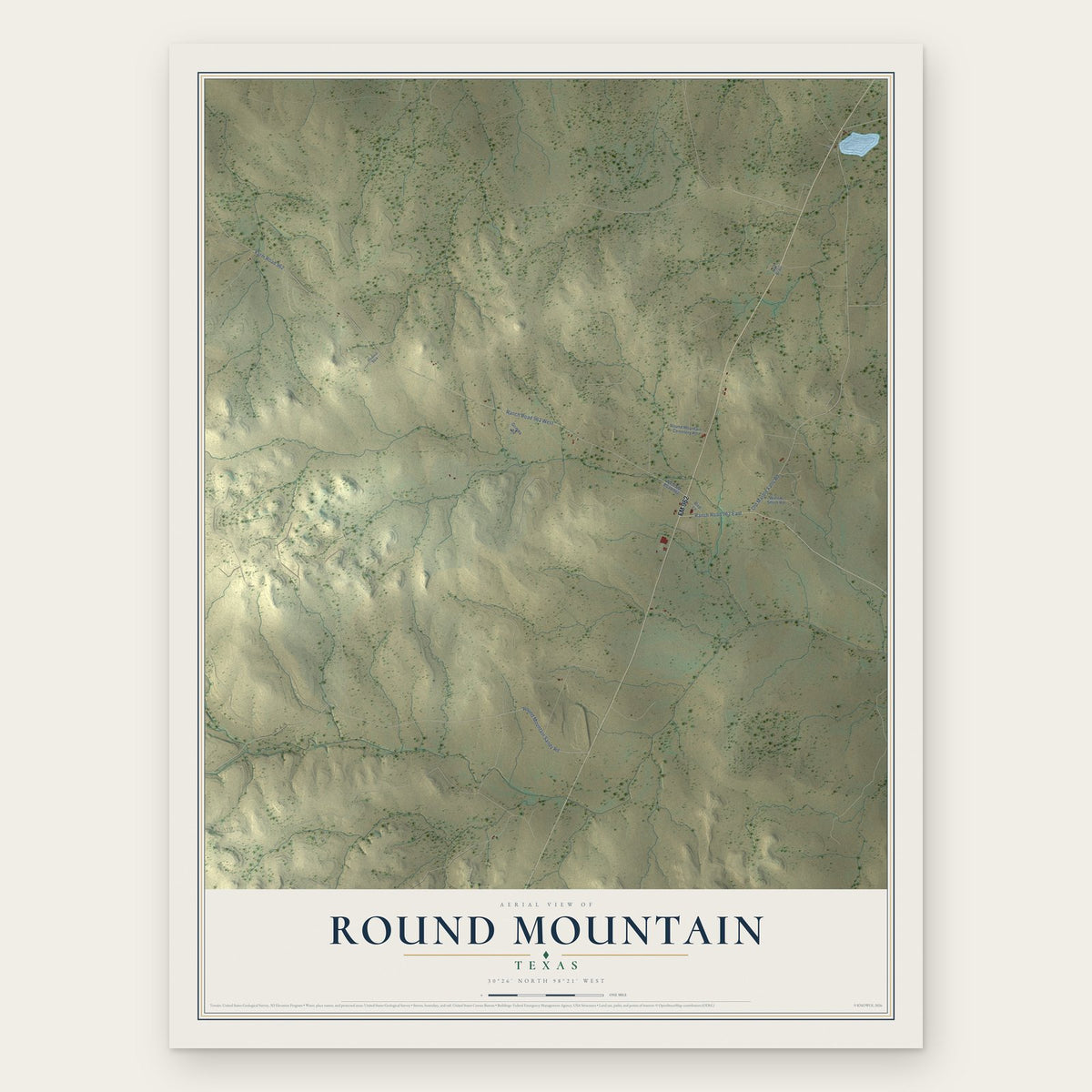 Round Mountain, Texas map print, the full design