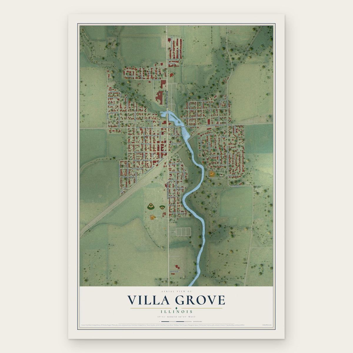 Villa Grove, Illinois map print, the full design